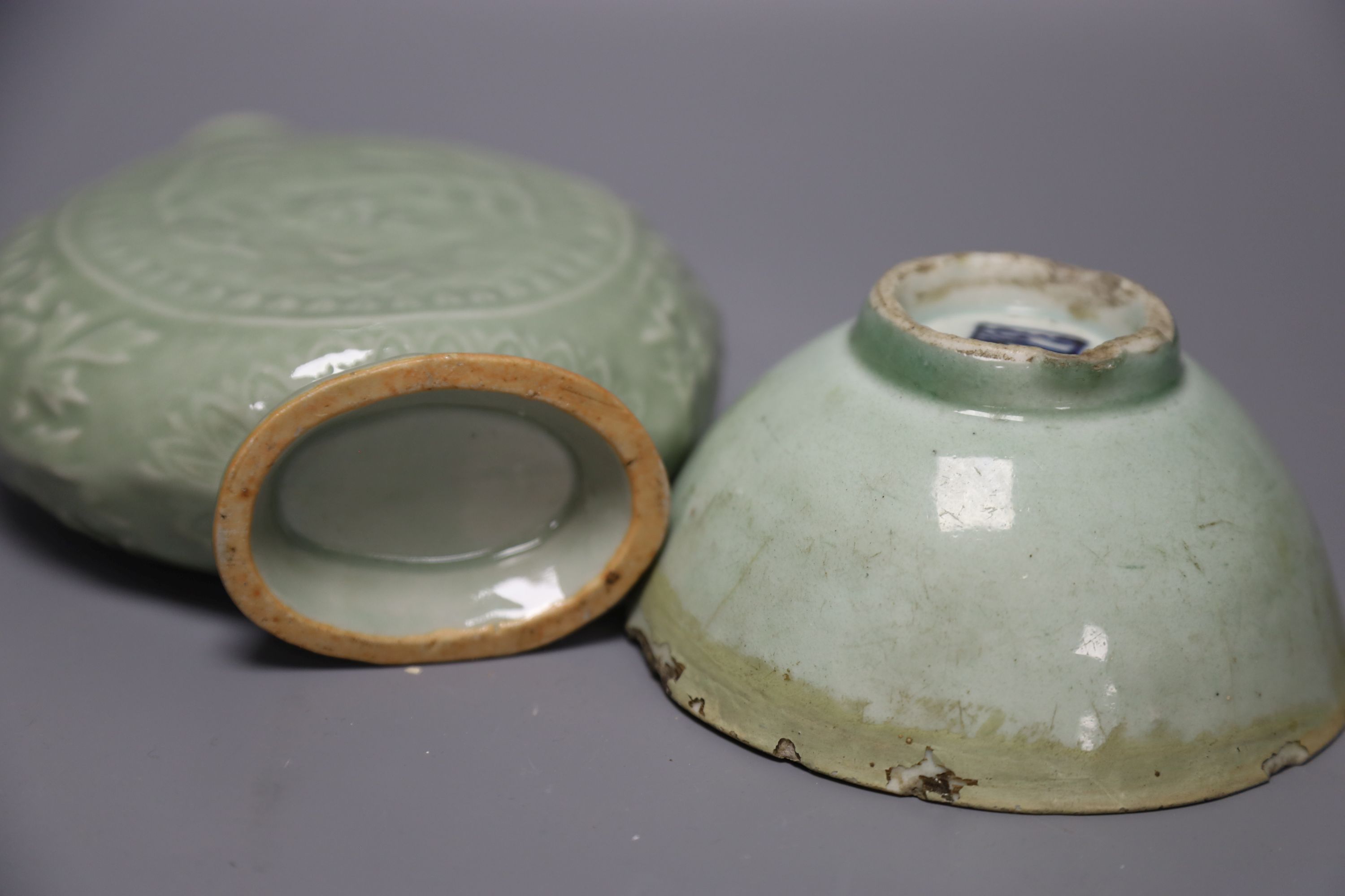 A Chinese celadon glazed moonflask, height 17cm, and bowl